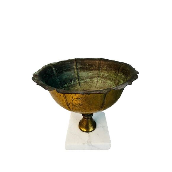 Vintage Brass 7” Compote Marble Pedestal Base Bowl Patina - Picture 1 of 10
